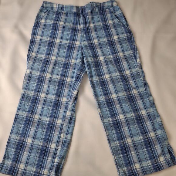 Womens Cotton Crop Pants Size 12 Stretch Blue Plaid Cherokee Summer Pool Golf - Picture 2 of 9